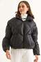 Black Stand Collar Oversize Inflatable Coat with Elastic Bottom and Adjustable Drawstring Zipper - 2