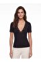 Black Corduroy Viscose Blend Deep V-Neck Short Sleeve Bodycon Blouse with Lace Detail - 2