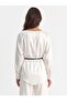 White Flowy Satin Crew Neck Blouse with Long Cuffed Sleeves and Oversized Waist Belt Detail - 3