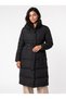 Black Thick Textured Stand Collar Practical Cut Long Inflatable Coat with Belted Detail at the Waist - 2