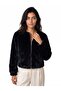 Black Faux Fur Textured Crew Neck Zippered Lined Rubber Detailed Comfortable Cut Coat - 2