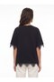 Black Soft Textured Crew Neck Oversized T-Shirt with Lace Detail on Sleeves and Hem - 3