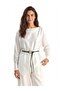 White Flowy Satin Crew Neck Blouse with Long Cuffed Sleeves and Oversized Waist Belt Detail - 2