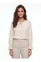 Cream Linen Textured Tie-Down Collar Flounce Cuffed Long Sleeve Relaxed Fit Natural Look Blouse - 2