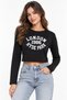 Black Viscose Blended Lycra Boat Neck Long Sleeve London Printed Crop T-Shirt - 2