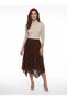 Bitter Brown Velvet Patterned Lined Skirt with Elastic Waist, Asymmetrical Cut, Flexible Texture, Midi Skirt