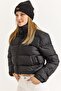 Black Stand Collar Short Puffer Jacket with Zipper Closure and Pockets - 2