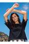 Black Soft Textured Crew Neck Oversized T-Shirt with Lace Detail on Sleeves and Hem