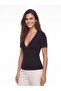 Black Corduroy Viscose Blend Deep V-Neck Short Sleeve Bodycon Blouse with Lace Detail - 4