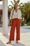 Brick Red Color Elastic Waist Wide Leg Casual Tencel Fabric Woven Trousers with Pockets 104 60 - 3