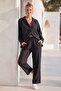Black Shirt Collar Cuffed Sleeves Pocket Elastic Waist Tencel Fabric Woven Bottom Top Set 68-104 67-60 - 7