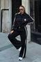 Black Snap Fastener Lined Stripe Detail Jacket and Elastic Waist Wide Leg Pants Women's Top and Bottom Set - 3