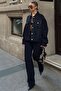 Navy Blue Buttoned Stone Detail Jacket and Wide Leg Trousers Women's Top and Bottom Denim Set