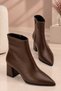 Li̇vora Women's Brown Pointed Toe Thick Heeled Zippered Ankle Boots Stylish Daily Heeled Boots