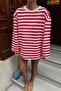 Red Thin Crew Neck Striped Loose Slim Long Sleeve Women's T-Shirt - 4