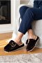 Women's Brown Plush Home/Room Slippers with Ribbons and Stones - 2
