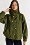 Women's Green Lined Denim Stand Collar Snap Fastener Short Trench Coat 1131 60286576 - 3