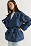 Women's Navy Blue Plaid Patterned Lined Belted Pocket Detailed Water Repellent Trench Coat 1124 60286562 - 4