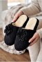 Women's Black Plush Rose Detailed House Slippers