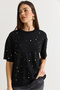 Women's Black Crystal Stone Printed Oversize Mercerized Short Sleeve Blouse 2905 60286568