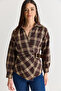 Women's Brown V-Neck Plaid Patterned Belt Detailed Shirt 2350 60286567