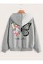 Flower Butterfly Zippered Cardigan Sweatshirt - Gray Printed Oversize Winter Thick Hoodie