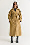 Women's Camel Wide Sleeve Shoulder Epaulettes Belted Double Breasted Long Trench Coat 8026 60286580 - 5