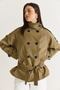 Women's Khaki Lined Stand Collar Double Button Detailed Belted Short Trench Coat 2106 60286572 - 4