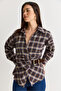 Women's Navy Blue V-Neck Plaid Patterned Belt Detailed Shirt 2350 60286567 - 3