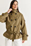 Women's Khaki Lined Stand Collar Double Button Detailed Belted Short Trench Coat 2106 60286572 - 3