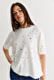 Women's Ecru Crystal Stone Printed Oversize Mercerized Short Sleeve Blouse 2905 60286568 - 5