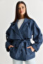 Women's Navy Blue Plaid Patterned Lined Belted Pocket Detailed Water Repellent Trench Coat 1124 60286562 - 6