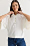 Women's Ecru Polo Collar Buttoned Bat Sleeve Mercerized Knitwear Blouse 2855 60286577 - 5