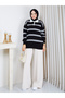 Women's Striped Polo Collar Knitwear Sweater Oversize Half Placket Buttoned Sweater - 5