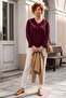 Burgundy V-Neck Cuffed Sleeves Thin Sequined Hem Ribbed Casual Knitwear Sweater 65 60 - 5