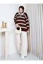 Women's Striped Polo Collar Knitwear Sweater Oversize Half Placket Buttoned Sweater - 4