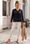 Black V-Neck Cuffed Sleeves Thin Sequined Hem Ribbed Casual Knitwear Sweater 65 60 - 4