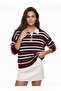 Burgundy Cream Acrylic Textured Polo Collar Long Sleeve Striped Patterned Standard Fit Knitwear Sweater