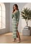 Women's Crop Cardigan and Halter Neck Striped Long Dress - 3