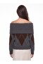 Anthracite Brown Stretchy Knitwear Fabric Madonna Collar Long Sleeve Diamond Pattern Knitted Sweater - 2