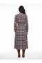 Brown Blue Cotton Crew Neck Long Sleeve Belted Flared Plaid Patterned Dress - 3