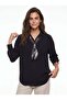 Black Crinkle Textured Shirt with Collar, Long Sleeves, Loose Fit, Single Pocket Detail, and Scarf. - 2