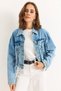 Blue Cotton Woven Fabric Off-Shoulder Cropped Buttoned Denim Jacket with Pocket Detail - 3