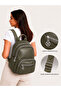 Women's Khaki Functional Multi-Compartment Leather Detailed Column Strap Daily Backpack - 3