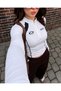 White "More" Printed Zipper High Neck Long Sleeve Crop Blouse - 2