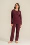 Women's Navy Blue Long Sleeve Combed Cotton Pajama Set, Buttoned Collar, Pocket Detail, 50% Cotton 50% Modal Fabric - 7