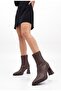 Women's Pointed Toe Back Zipper Brown Stretch Thick Heeled Boots - 6