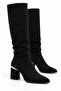 Women's Black Suede Below-Knee Boots, 7 cm Thick Heeled, Drawstring Detailed, Stylish Daily Boots