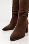 Women's Brown Suede Below-The-Knee Boots 7 cm Thick Heeled Stylish Daily Boots with Drawstring Detail - 3