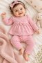 Girl baby bow flower patterned long sleeve ribbed top and bottom 2-piece set 3-6-9 months - 2